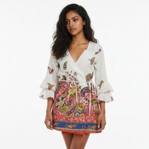 Z&L Europe Floral Paisley Ruffle 3/4 Sleeve Wrap Mini Dress S